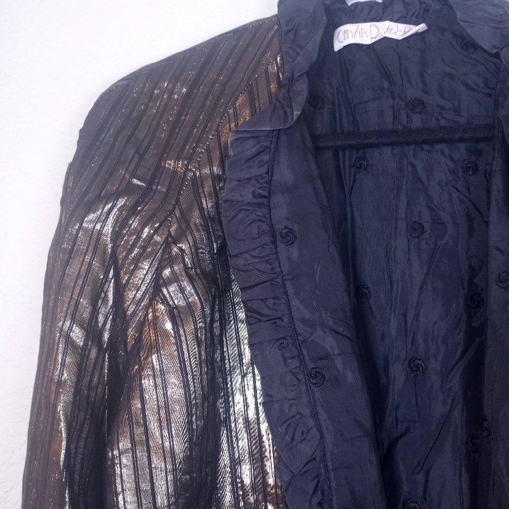 Cinzia Ruggieri Vintage Quilted Pinstriped Black Gold Silk Ruffled Trim Blazer L - Picture 2 of 8